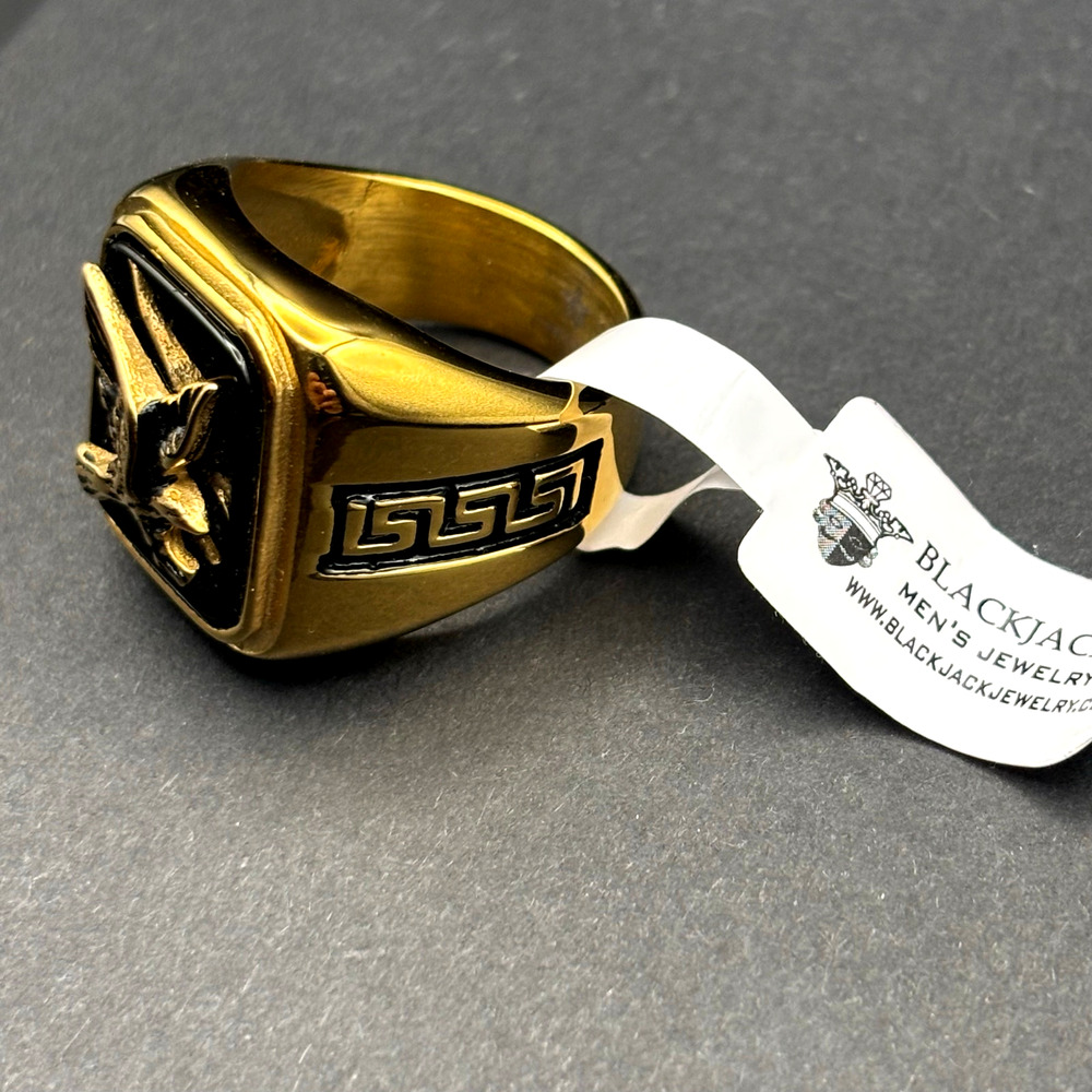 Blackjack BJZ03G Mens Onyx Eagle Ring 18K Gold Plated Stainless Steel NWT SZ#13 - Picture 5 of 16